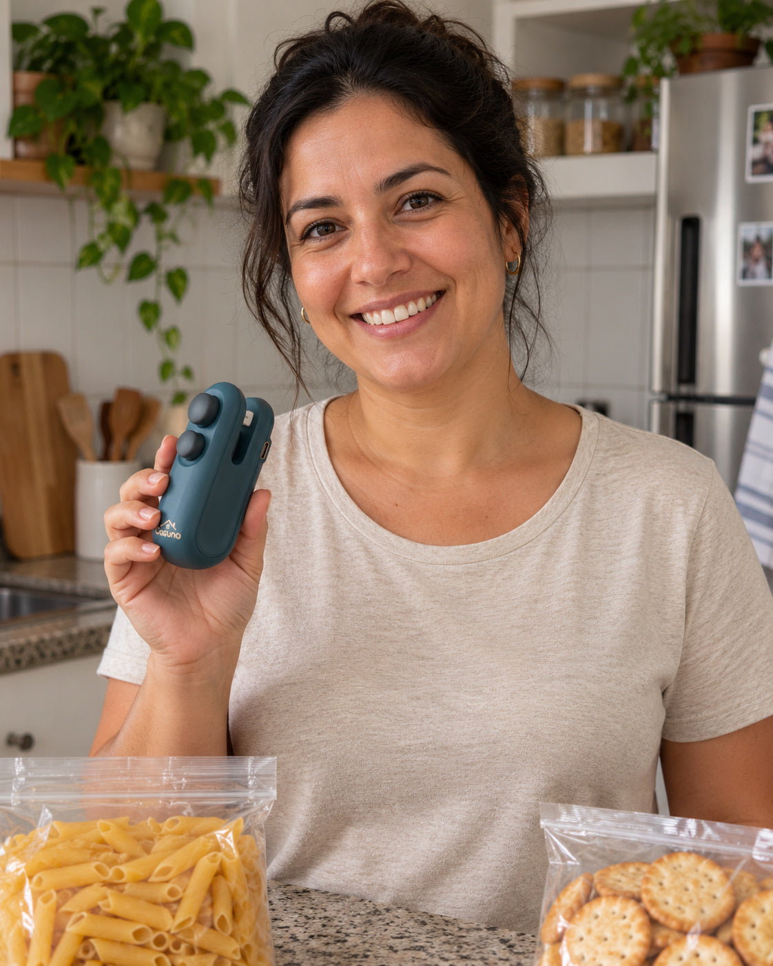 Mulher sorrindo e mostrando o selador Casuno na mão, em uma cozinha clara com pacotes sobre a bancada