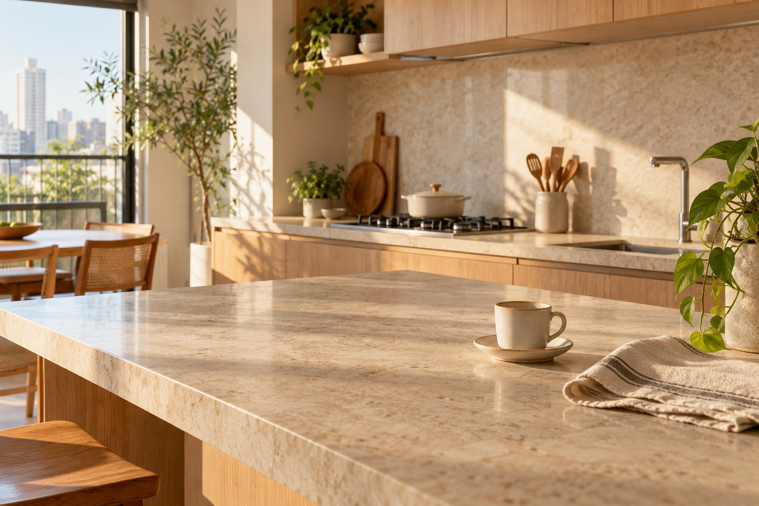 Cozinha iluminada, com tons naturais e detalhes que acolhem